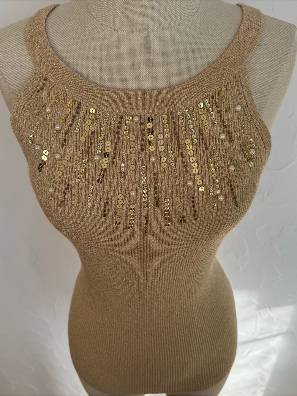 Cache Gold Camel Sequin-Embellished Ribbed Tank - Picture 2 of 6